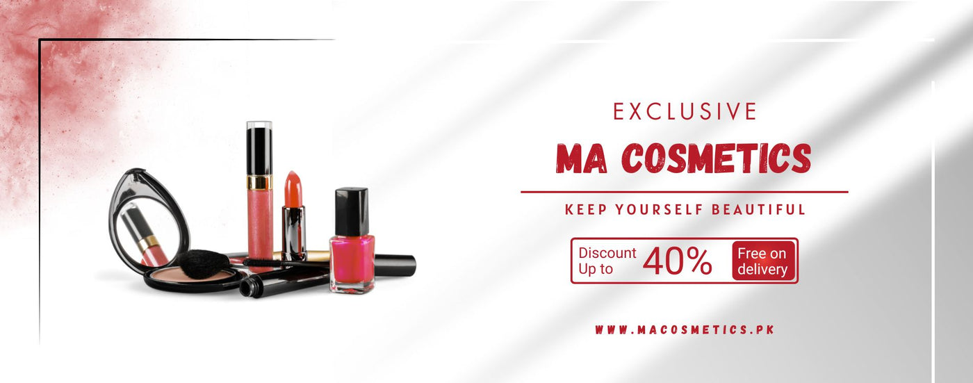 MA Cosmetics promotional banner with makeup products and discount offer.